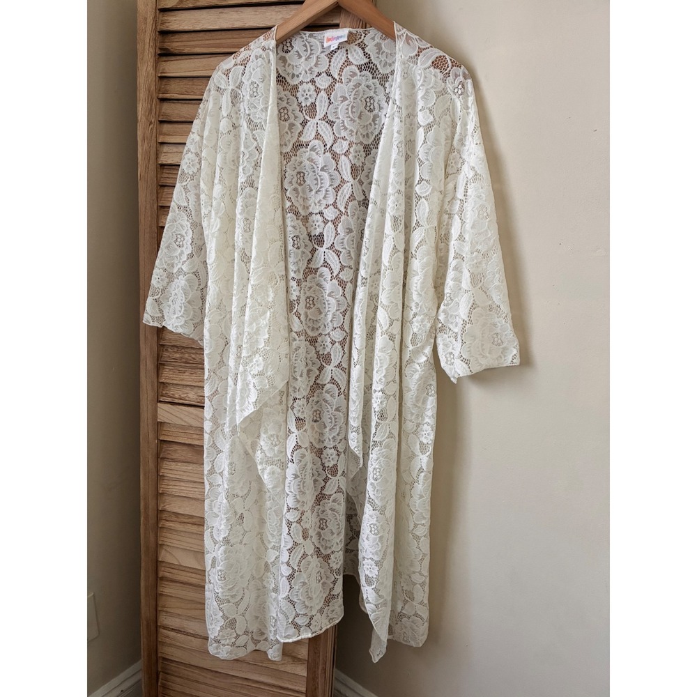 LuLaRoe Joy White Floral Lace Duster Vest Longline Open Front Cardigan Large